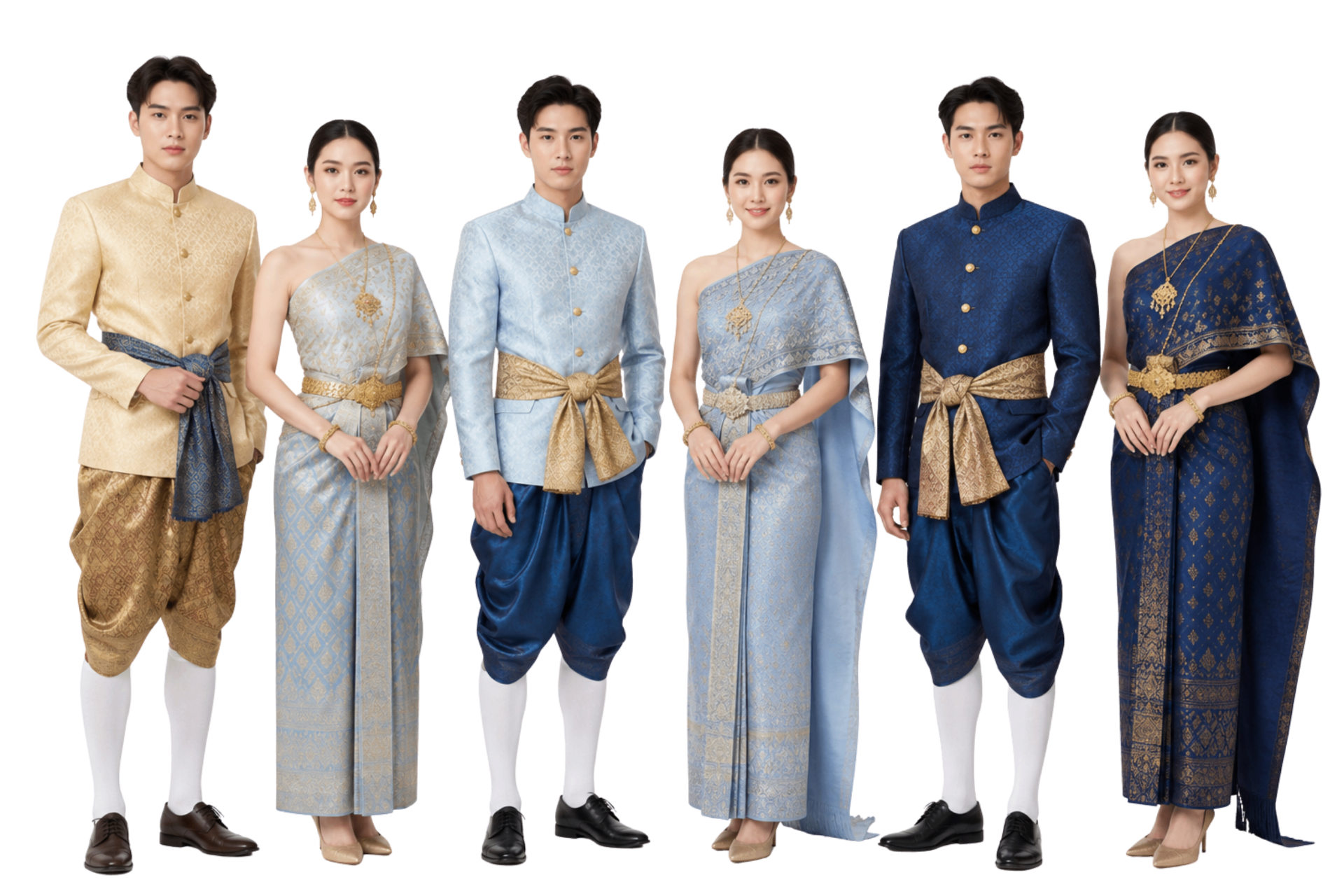 ตัวอย่างชุดไทยพระราชนิยม โทนสีฟ้าครามและทอง